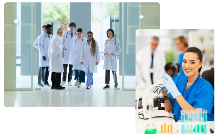 Image Header Agence E Learning Sante Medecins Et Femme Avec Microscope Image Header Agence E Learning Sante Medecins Et Femme Avec Microscope